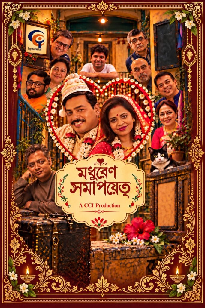 Poster for Madhurena Samapayet, a CCI production at Durga Pujo 2026, showing the cast around a flower-framed couple.